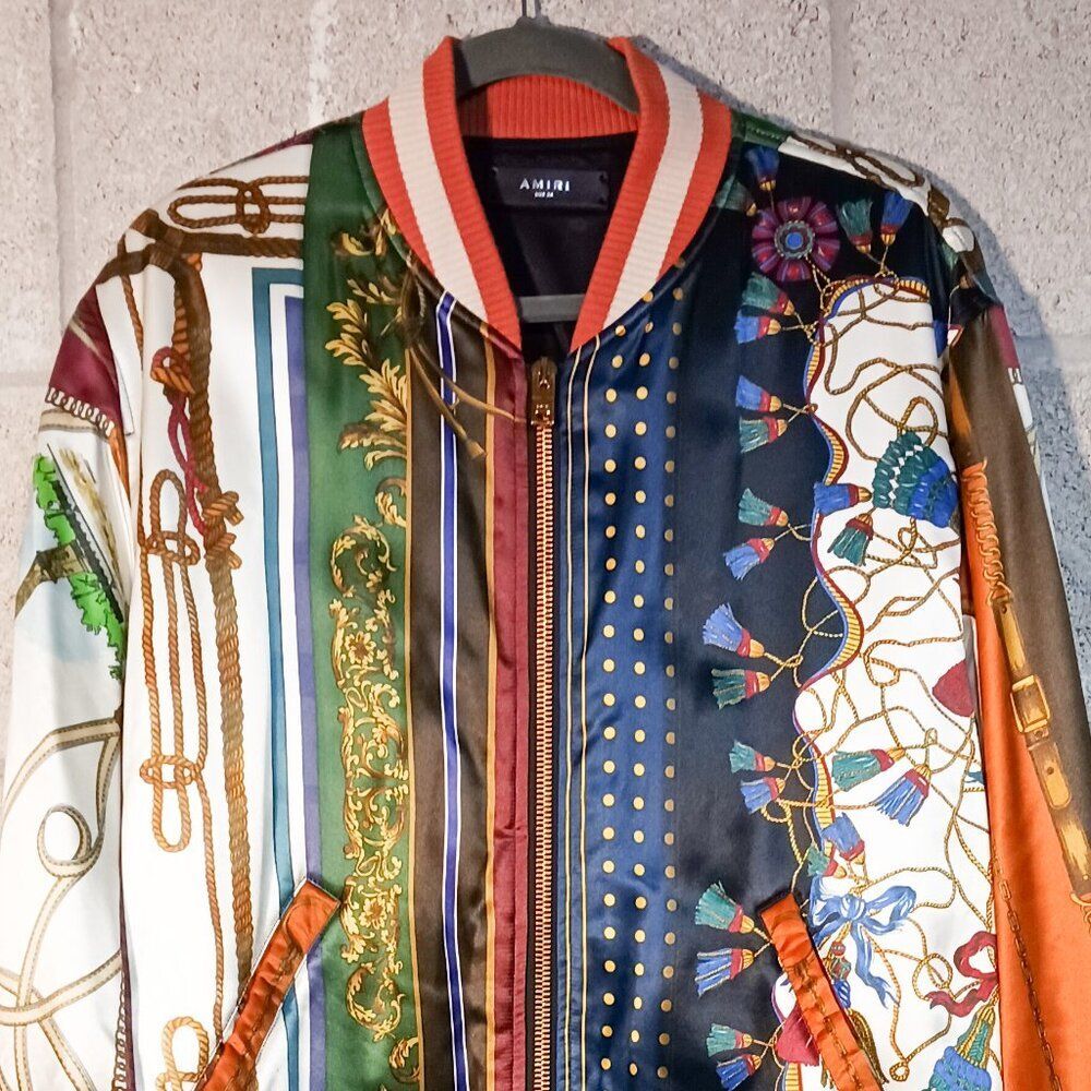 Amiri Men's Multicolor Scarf Patchwork Print Satin Bomber Jacket | Sz 54IT L US